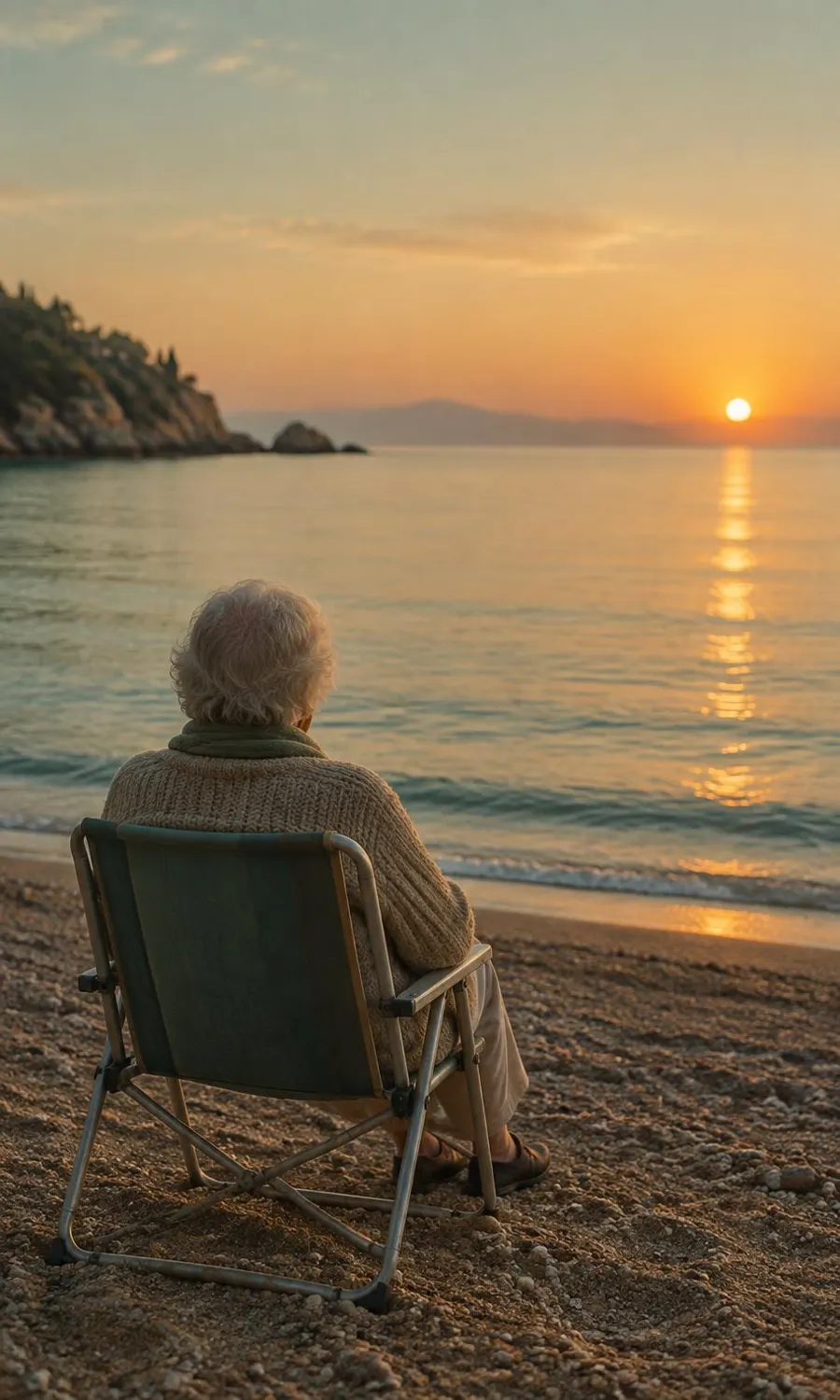 Una persona mayor, de espaldas, sentada frente al mar en calma al amanecer.